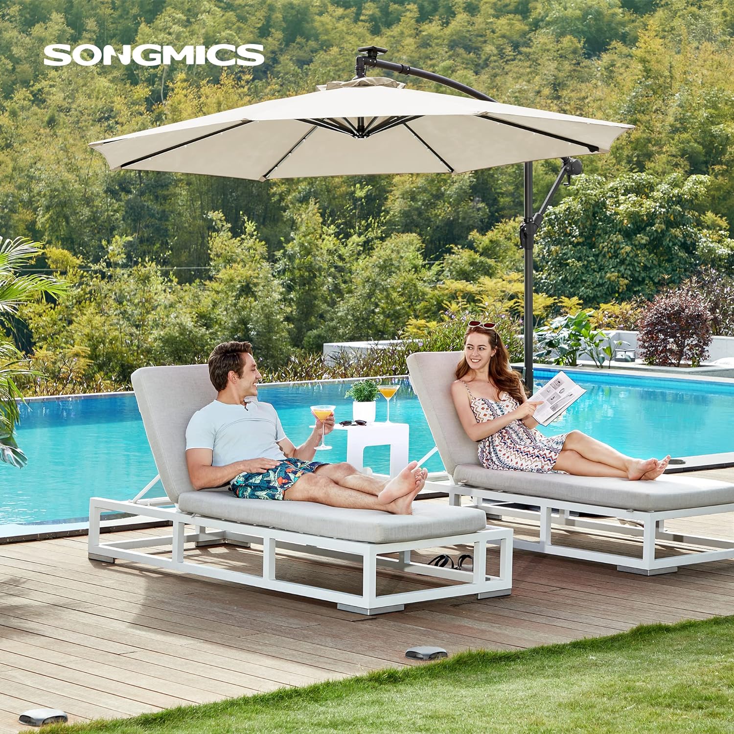 SONGMICS 10 ft Cantilever Patio Umbrella with Solar-Powered LED Lights, Outdoor Offset Umbrella with Base, Pool Garden Deck, Crank for Opening Closing, Water-Repellent, UPF 50+, Beige UGPU118M01